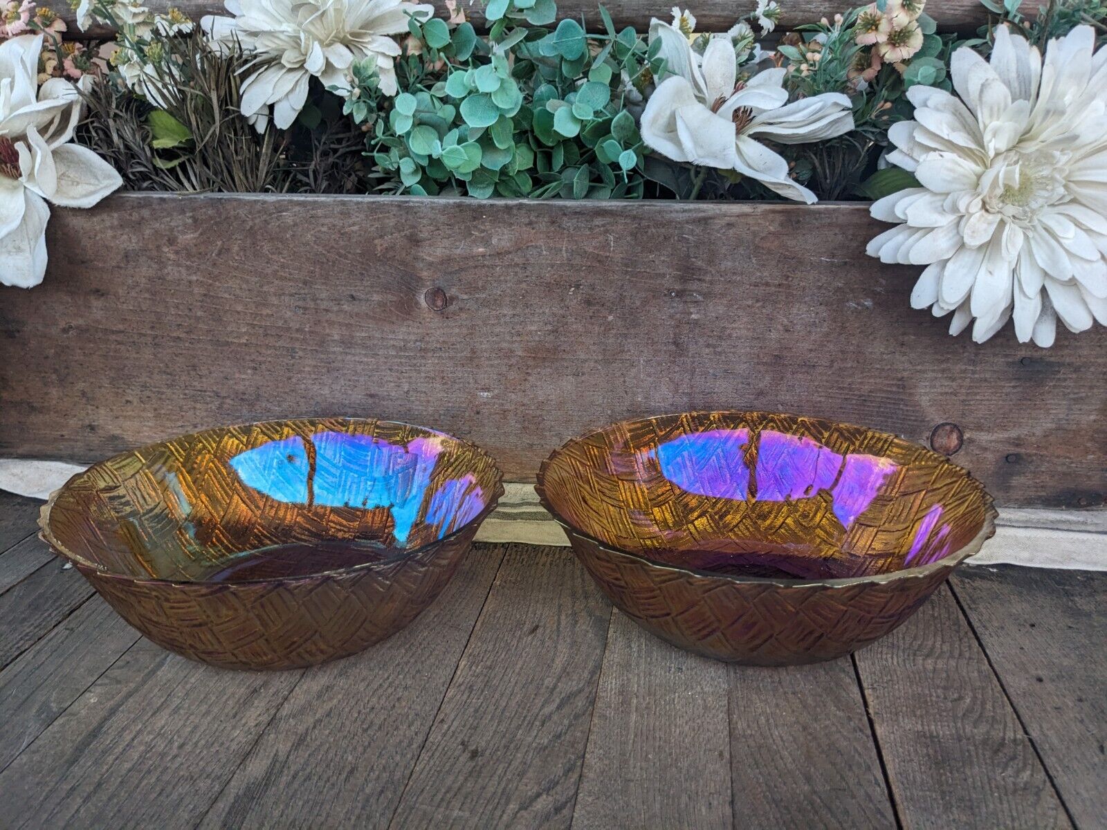 Vintage Indiana Glass Amber Iridescent Basketweave Serving Bowls (2)