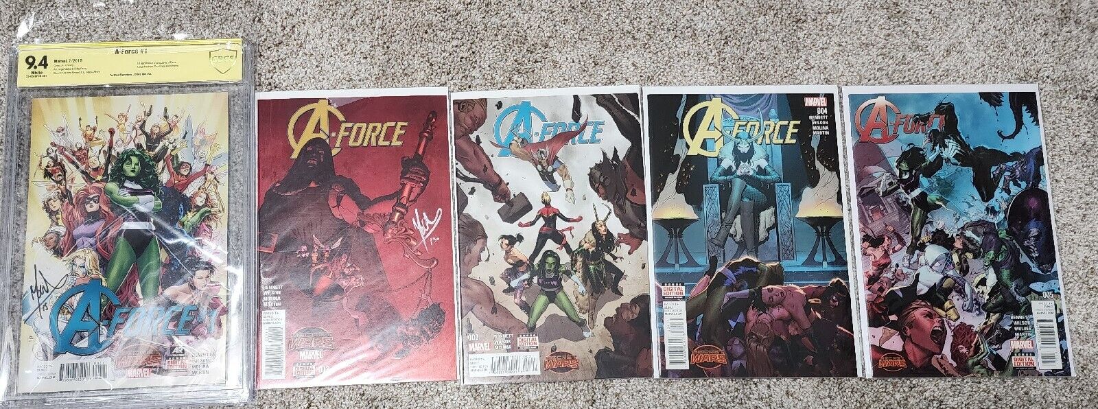 A-Force Marvel Vol. 1 set 1-5 #1 CBCS SS 9.4 signed J. Molina 1st Singularity