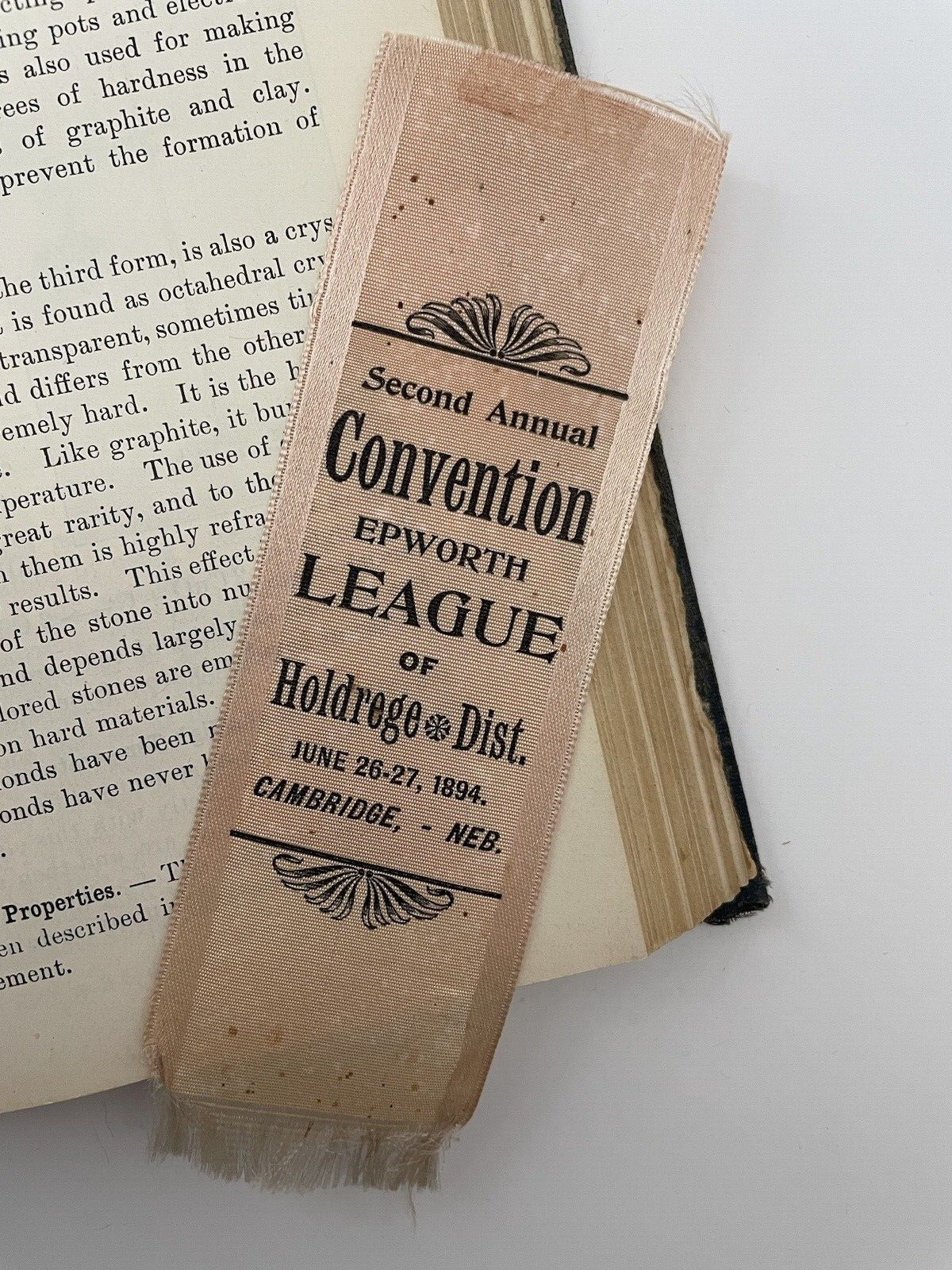 Antique Historical Ephemera Ribbon Nebraska Convention League 1894 Pink