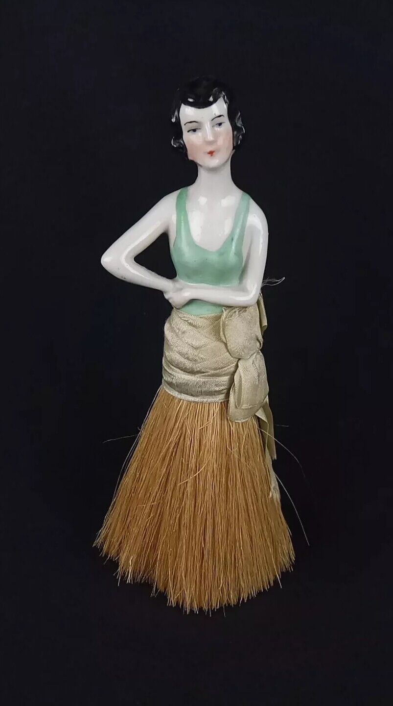 Antique Art Deco Porcelain Half Doll Whisk Broom Vintage Vanity Brush