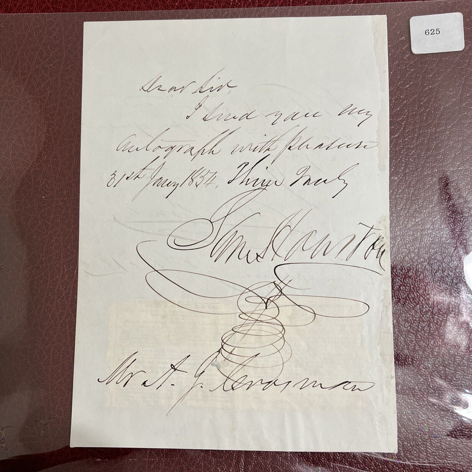 Autograph Note By Sam Houston Large W/ Rubric To A.J. Cramen On Jan. 31, 1854