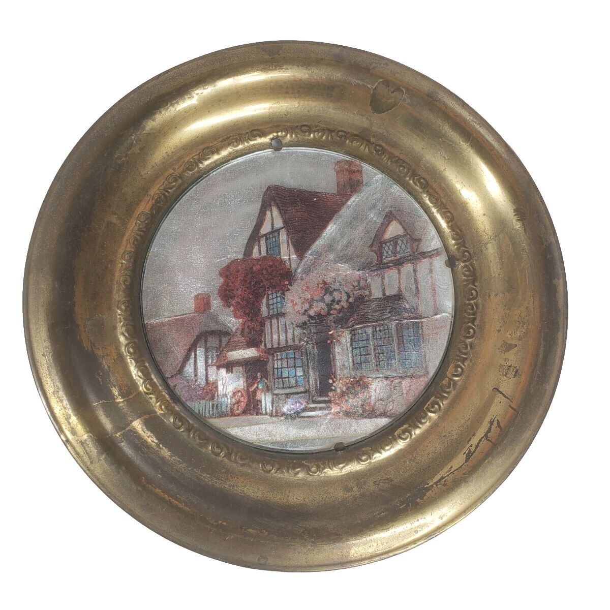 Vintage Solid Brass Wall Plate W/ Foil Print English countryside Made in England