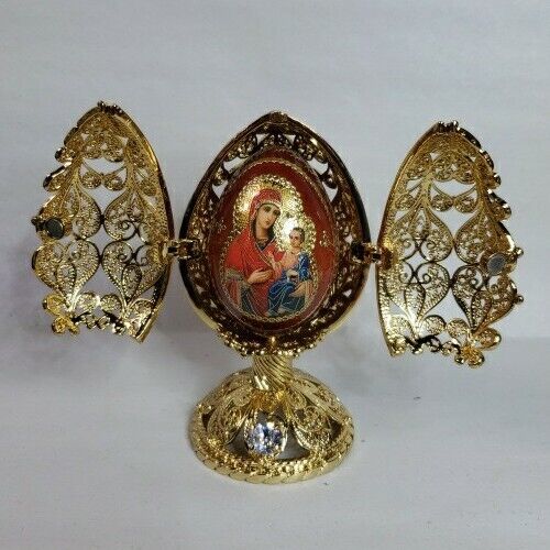Russian Faberge Mother Mary With Jesus Ornate Gold Egg 4\