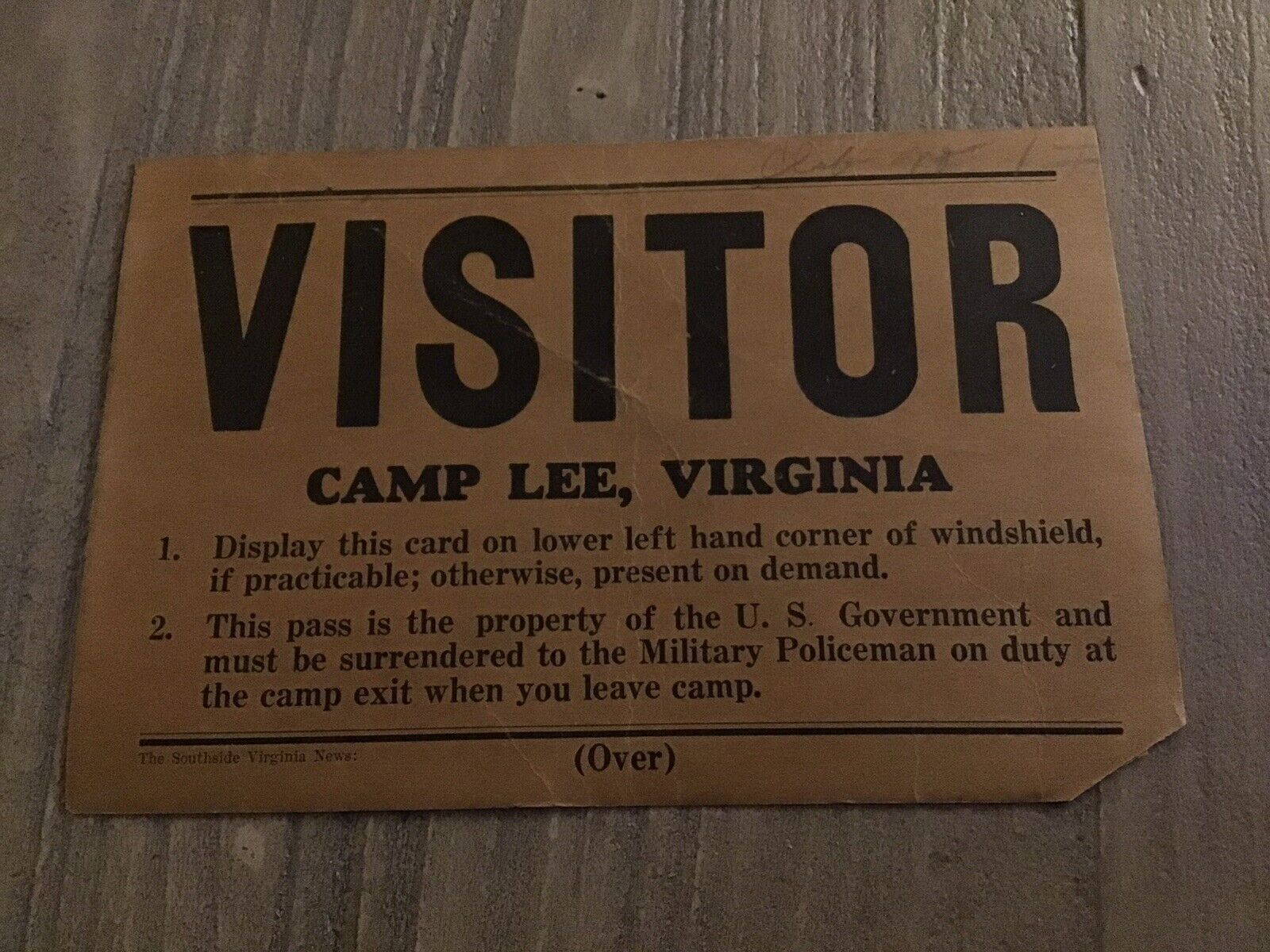 Vintage 1940s? CAMP LEE VIRGINIA US ARMY Automobile Visitor Pass  Placard