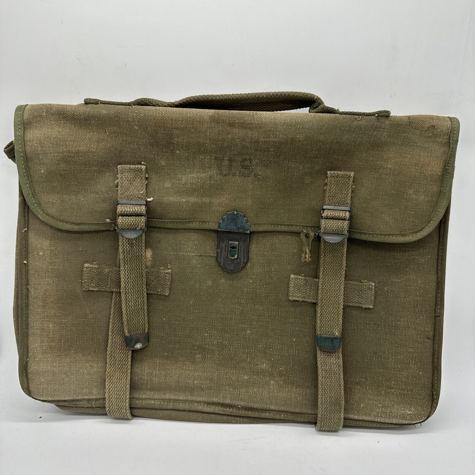 VTG Rare 1950s US Military Officer Canvas Locking Document Briefcase With Keys