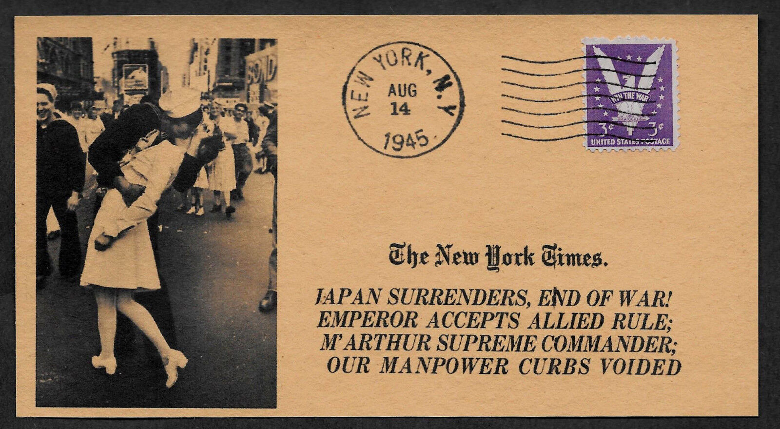 V-J Day New York Times Square The Kiss Collector's Evelope w 1945 Stamp  *123