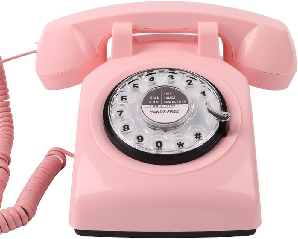 Rotary Dial Phone,  Retro Phone 1960\'S Vintage Corded Phone, Retro Old (Pink）