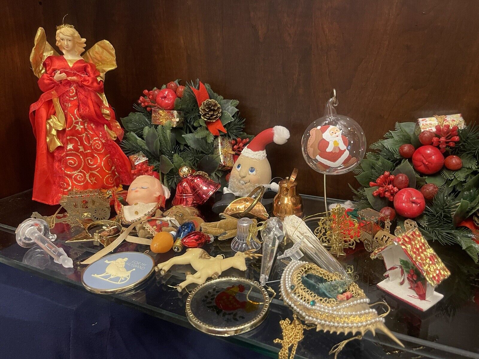 Large Lot Vintage ornaments Japan, Brass, Spun Cotton, Bells, Angels, Glass