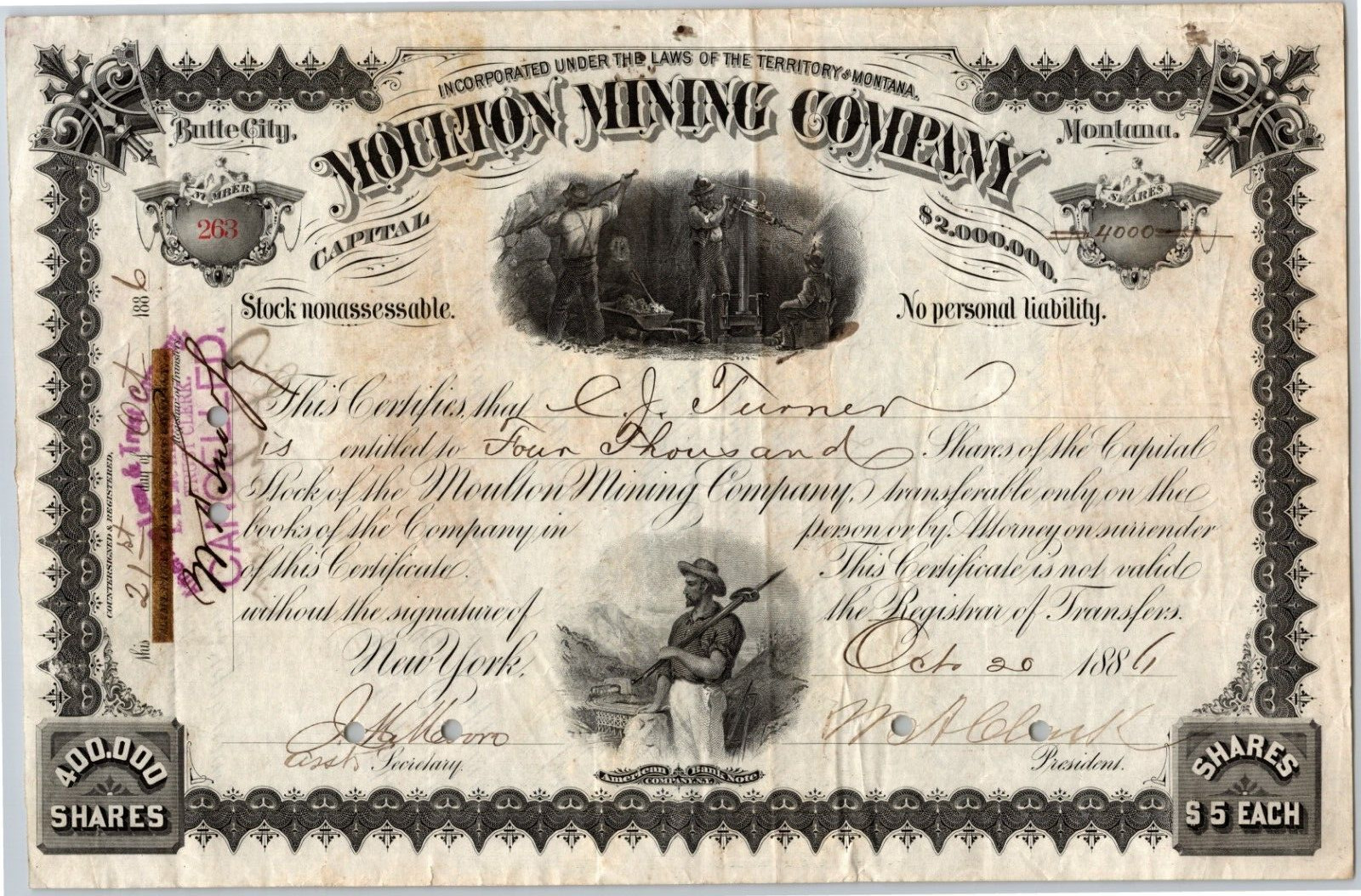 Moulton Mining Company Butte City, MT 1886 Stock Certificate W.A. Clark* Signed