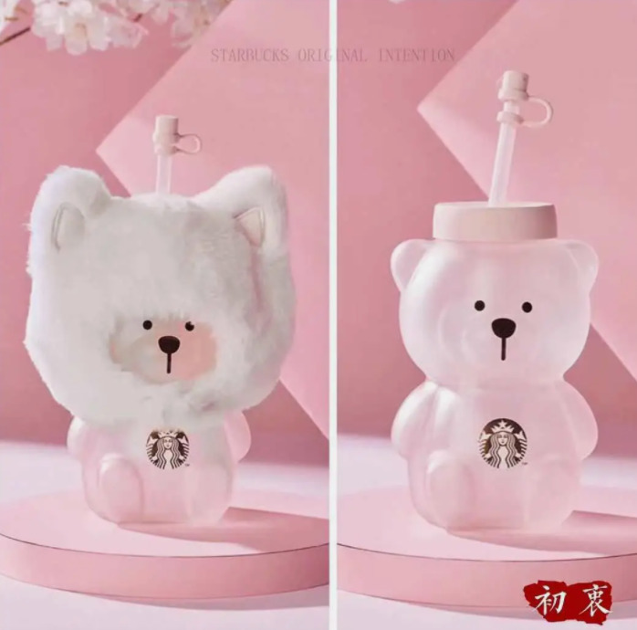 New 2021 China Starbucks Pink Sakura Cat Cap Bear 19oz Glass Straw Cup Tumbler