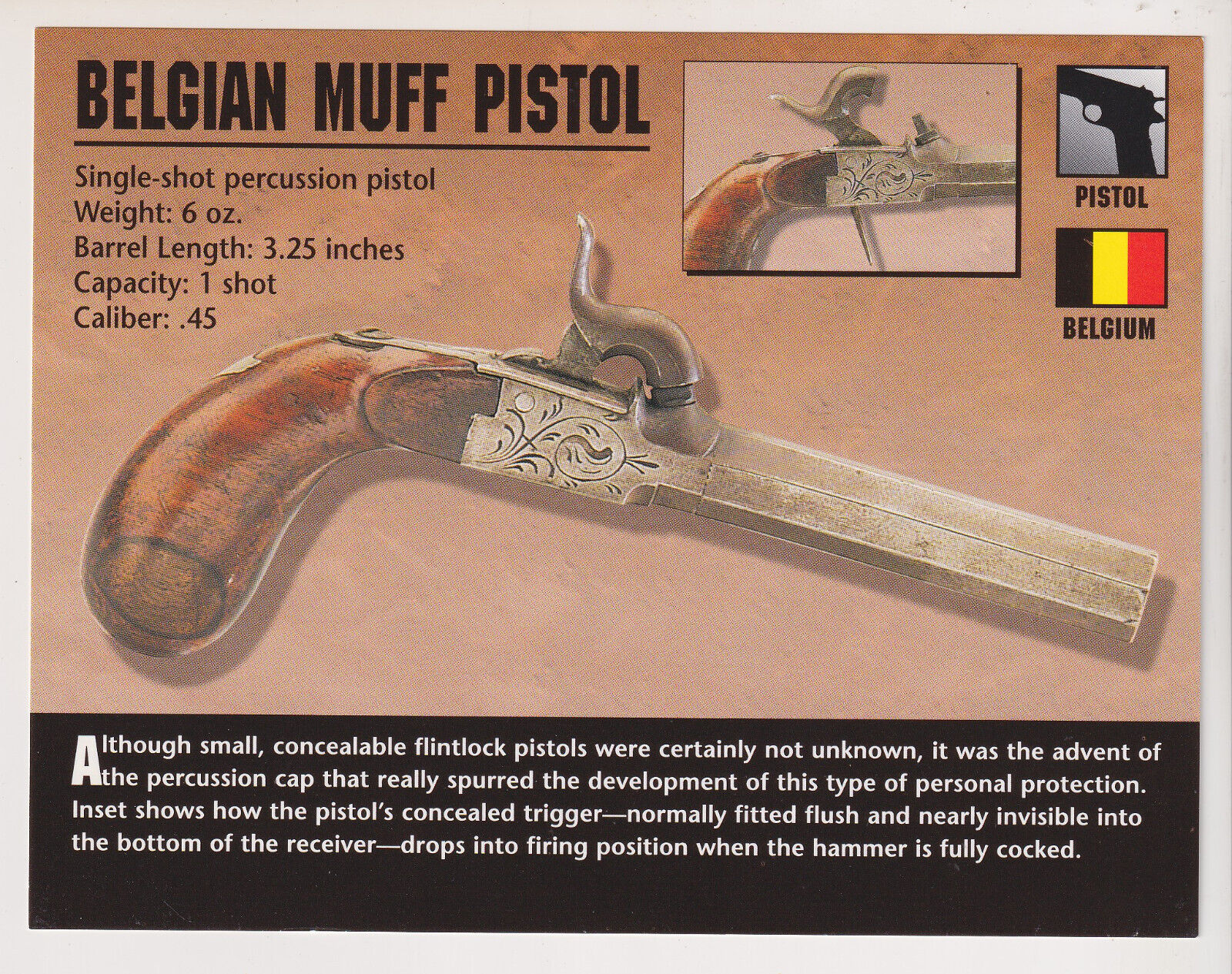 BELGIAN MUFF PERCUSSION PISTOL Classic Firearms PHOTO CARD Belgium 1800s Gun