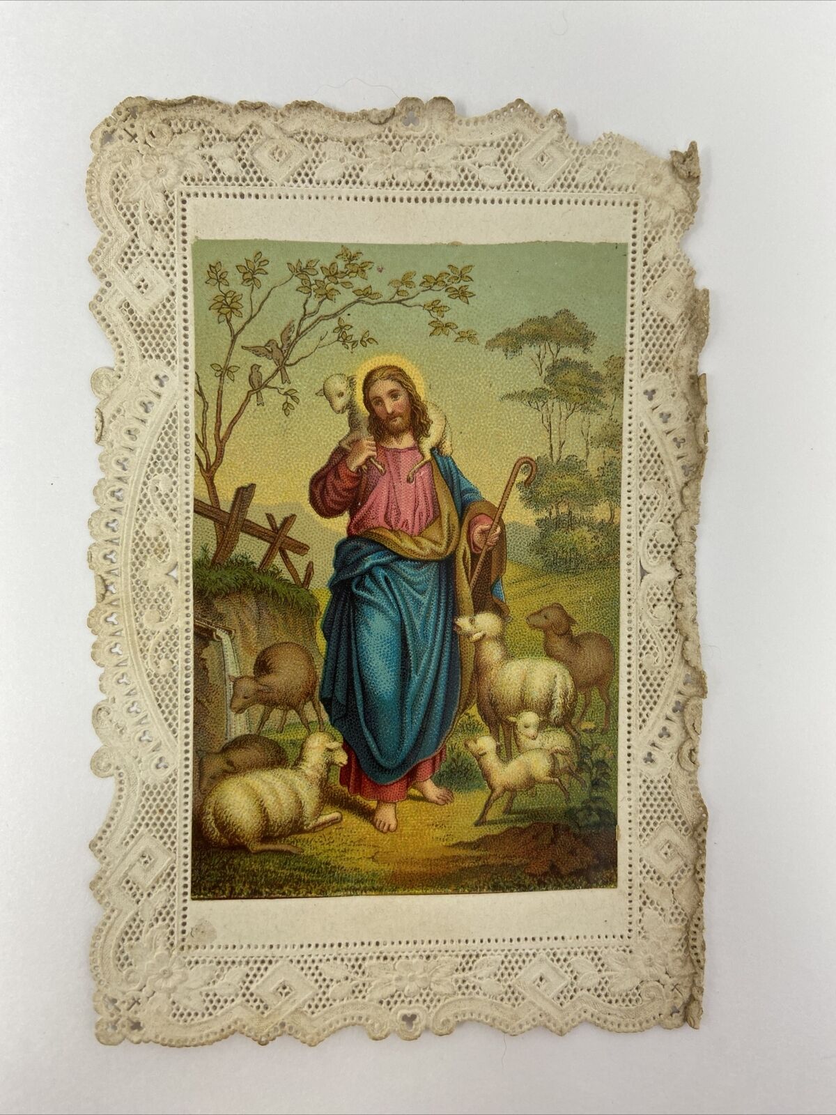 1905 Antique Lace Prayer Card Jesus Christ Lambs Shepherd Catholic