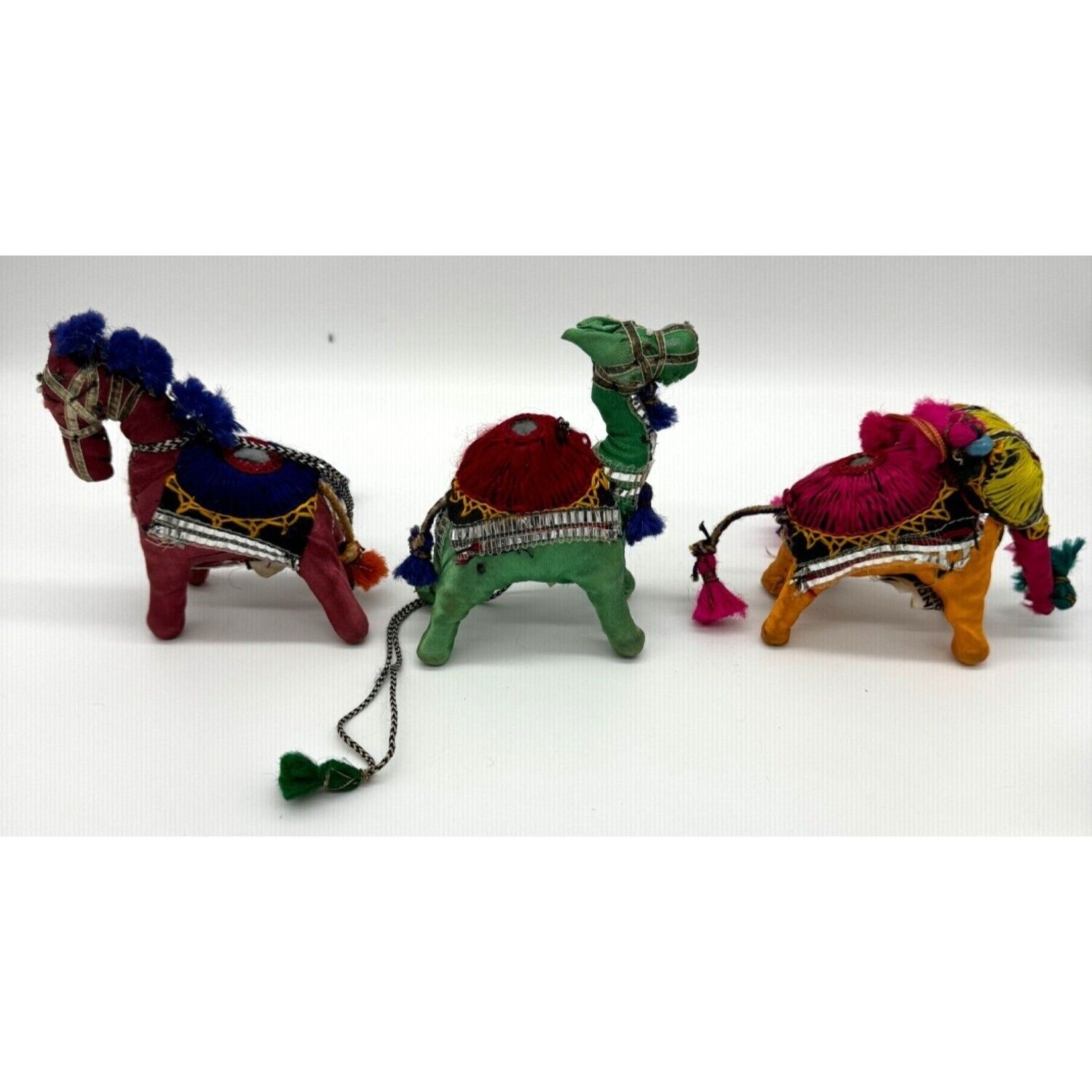 Vtg Anglo Raj Elephant Camel Horse Ornament Set w/ Mirror & Beads Made in India