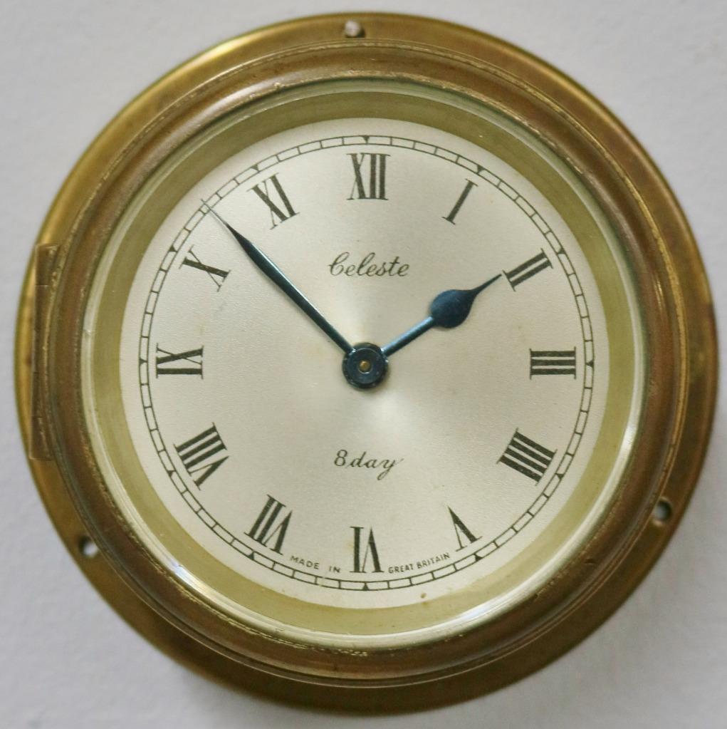 Sweet Antique English Celeste 8 Day Miniature Brass Ships Timepiece Wall Clock