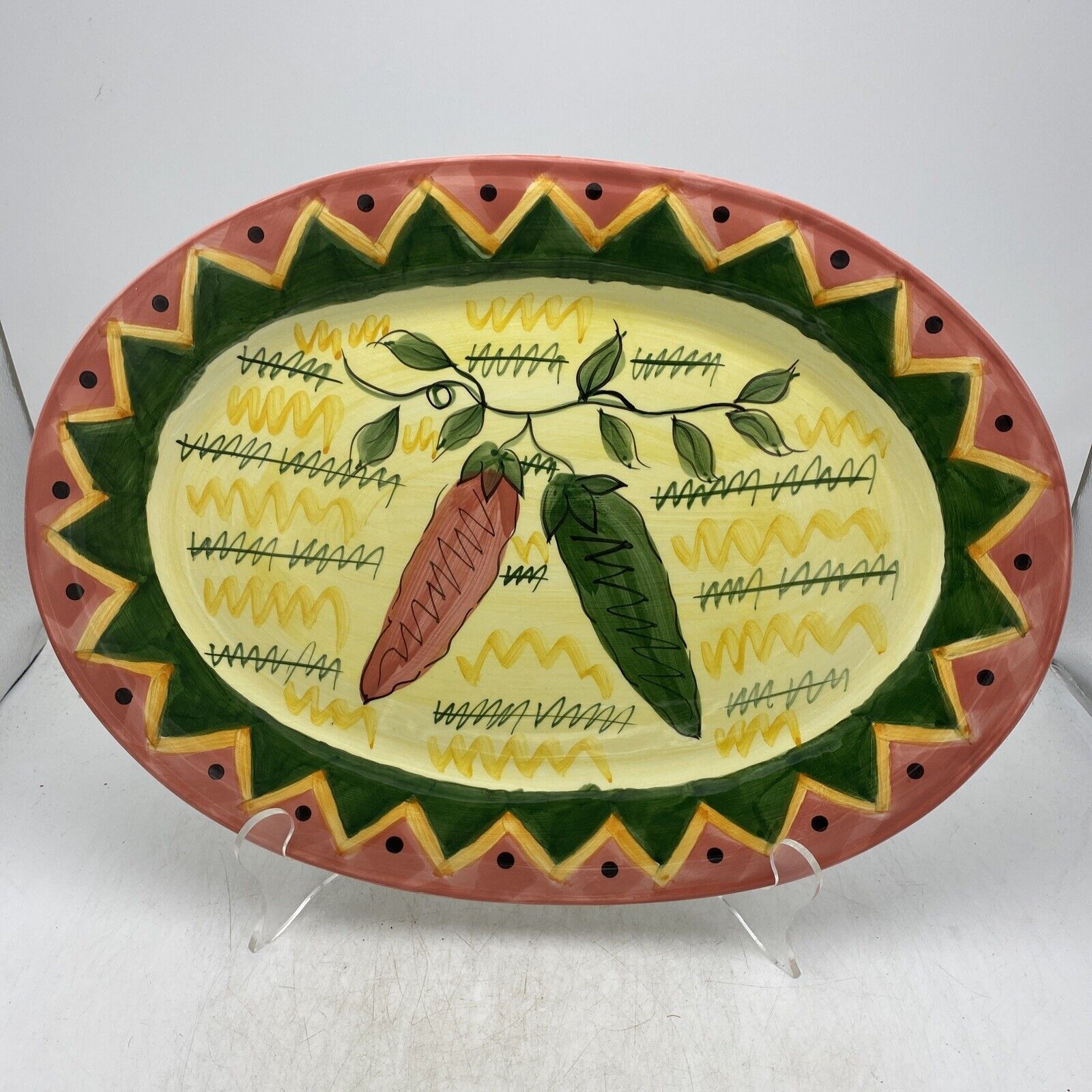 Hausen Ware 16 x 12 oval Southwest Pepper Platter Pink Green Yellow Ceramic