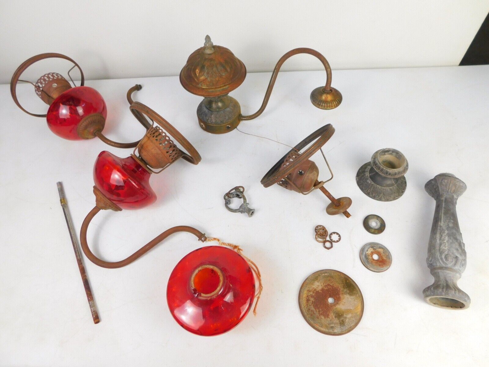 Old Antique Lamp Chandelier Ruby Red Glass Shades Parts Lot