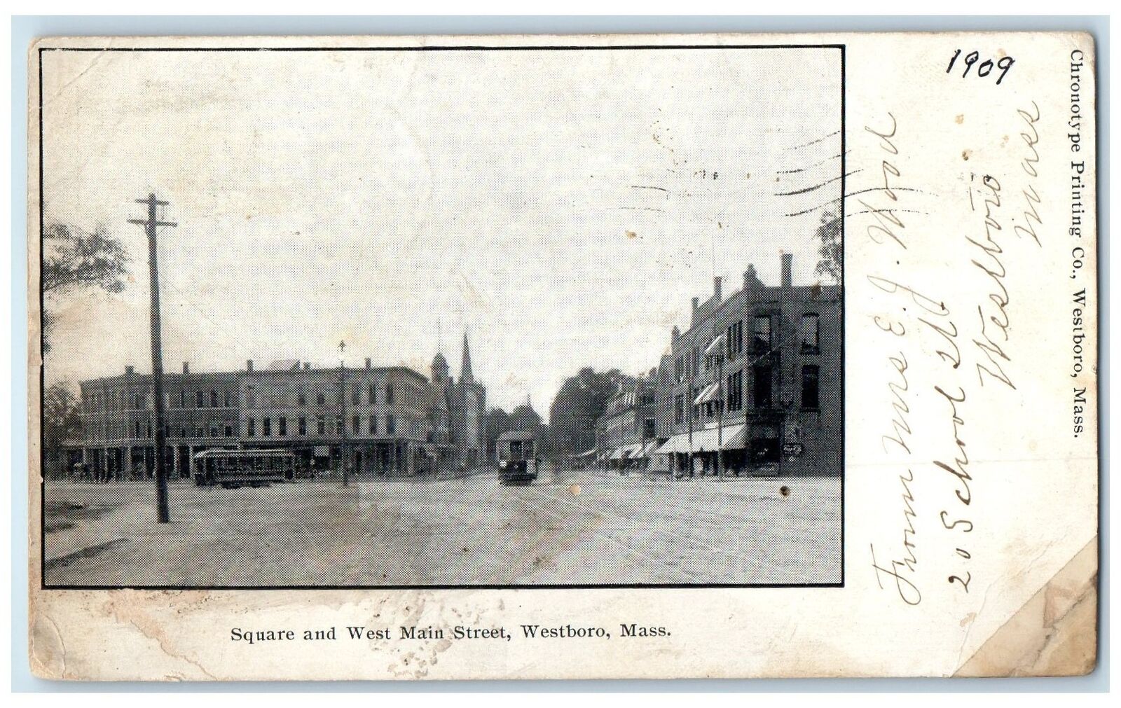 1908 Square And West Main Street Westboro Massachusetts MA Posted Cars Postcard