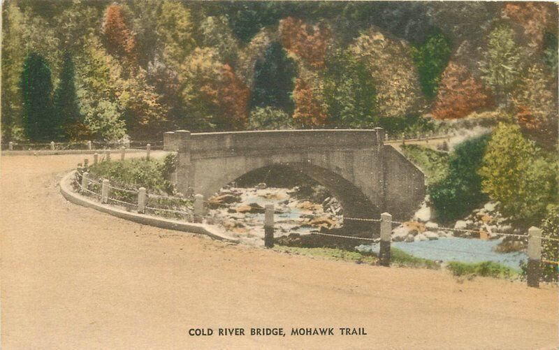 Collotype Cold River Bridge Mohawk Trail 1938 Postcard hand colored 459