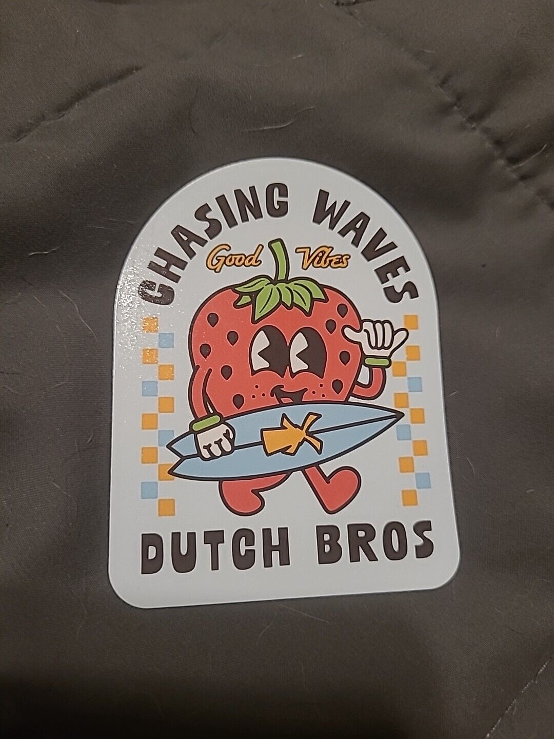 Dutch Bros Sticker May 2024 Chasing Waves Good Vibes Surfing Strawberry