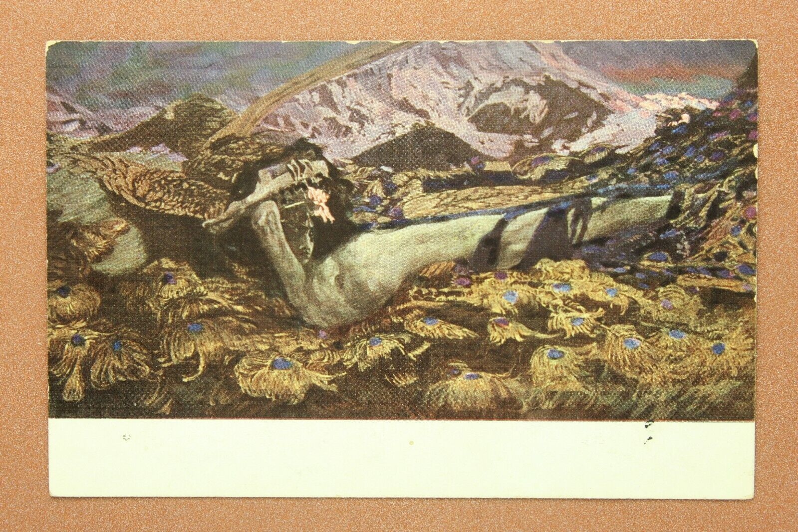 DEMON nude Man. Peacock. Tsarist Russia postcard 1906s Art Nouveau by VRUBEL