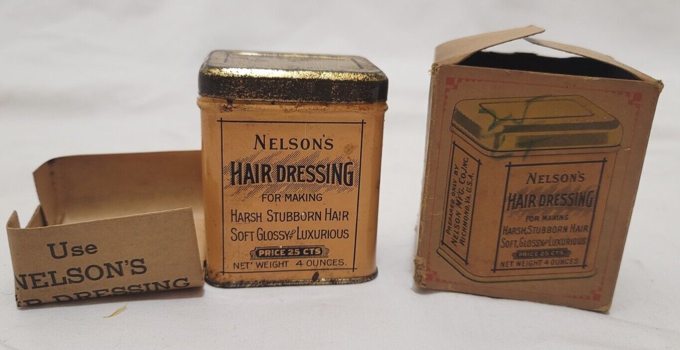 ANTIQUE NELSON'S HAIR DRESSING TIN COLORFUL FUll CONTENTS BOX & INSTRUCTIONS Lt2