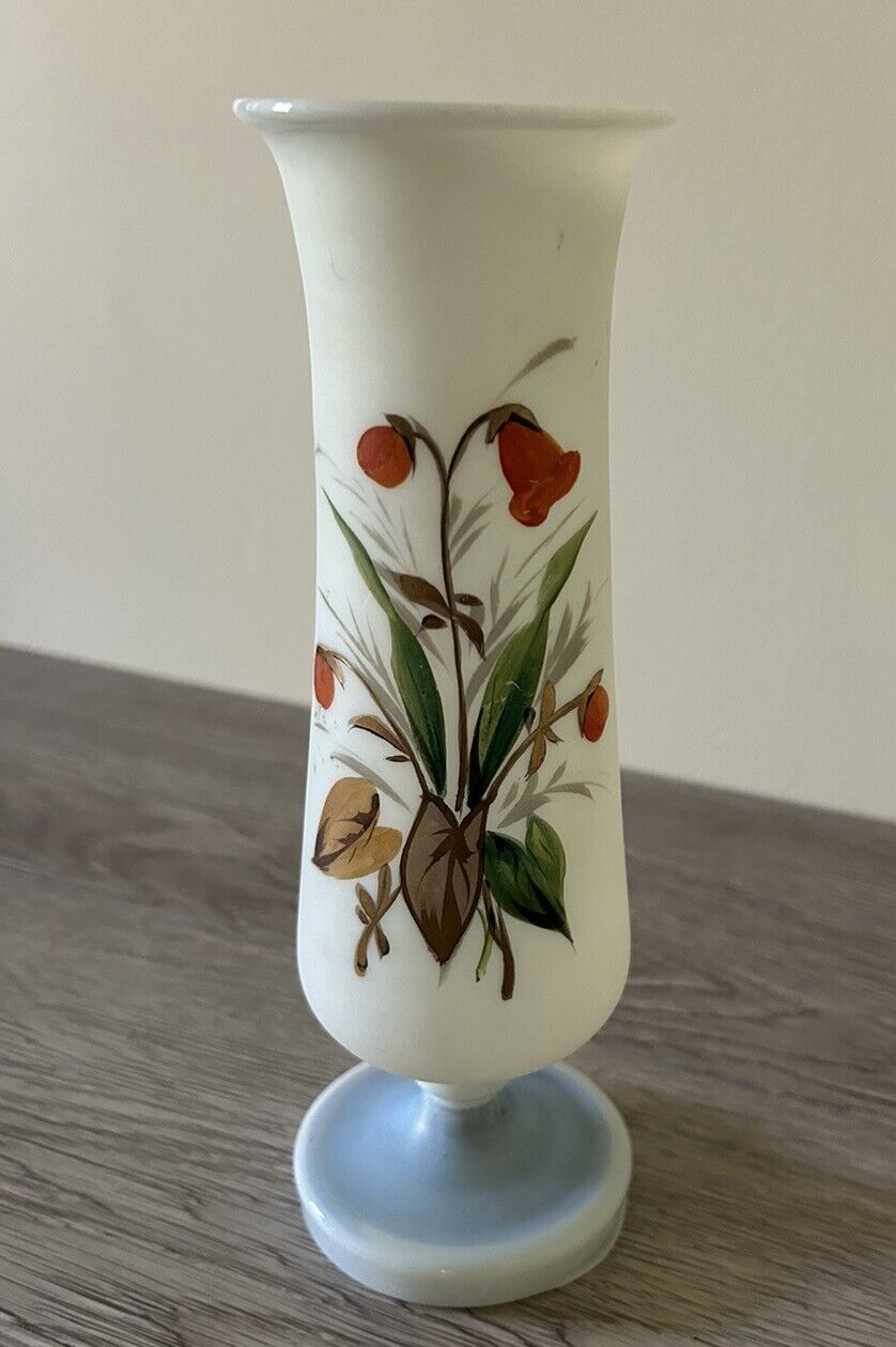 Bristol Satin Glass Pedestal Vase Hand Painted and Hand Blown Floral Design 8.5”