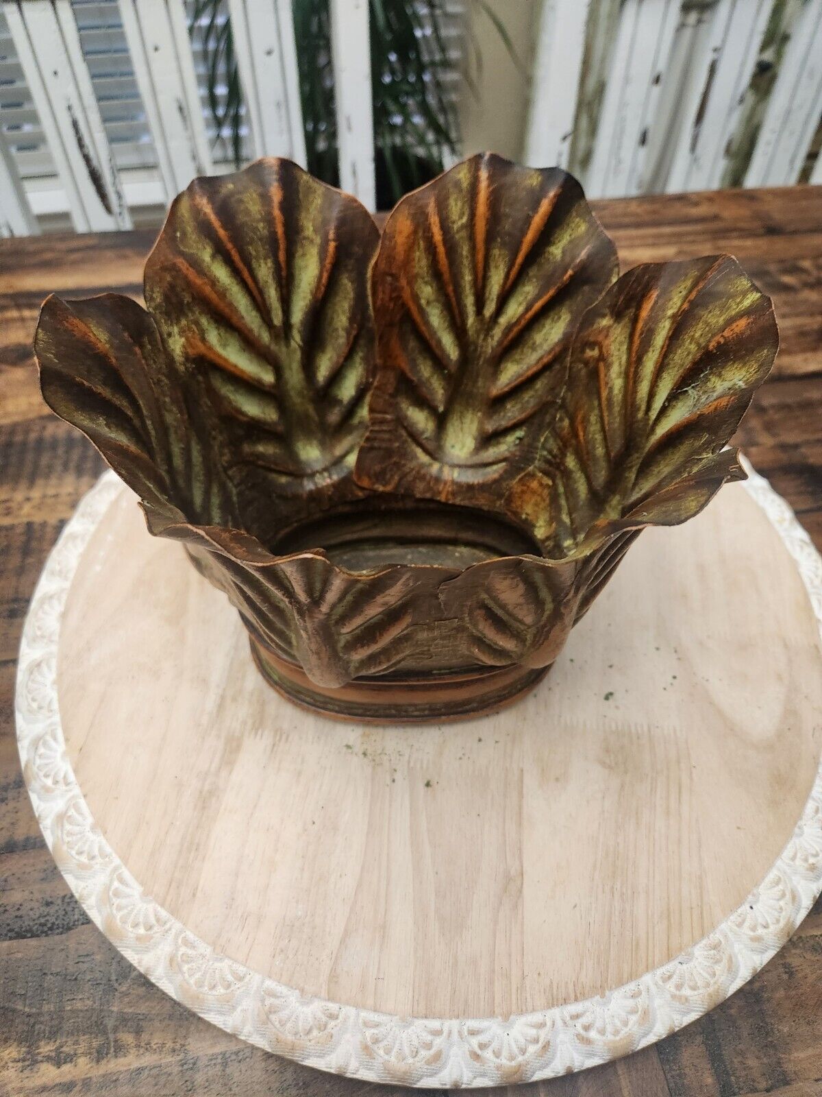 Vintage Metal Patinated Cooper Tone Cabbage Leaf Planter Pot