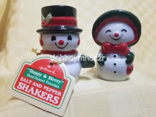Hallmark Salt & Pepper Shakers Christmas Happy Merry Snowman Porcelain S & P set