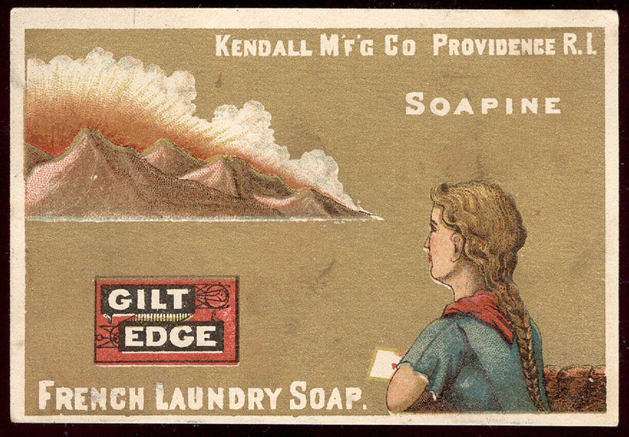 1880\'s SOAPINE FRENCH LAUNDRY SOAP TRADE CARD, GILT EDGE, GIRL & MOUNTAINS  C144