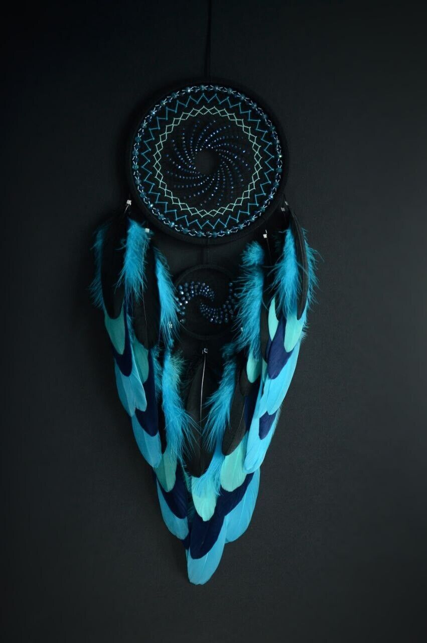 Handmade Large Black Blue Dream Catcher with glass bead spiral is perfect
