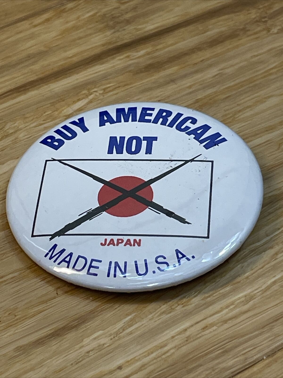 Vintage Buy American Not Japan Made In The USA Button KG JD