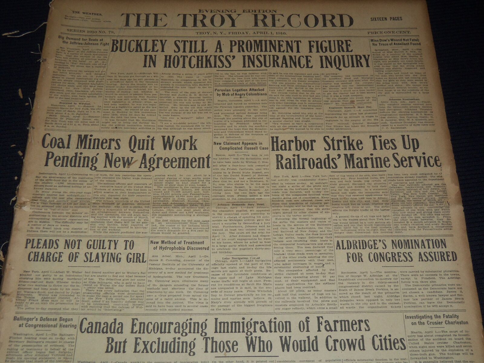 1910 APRIL 1-30 THE TROY RECORD NEWSPAPER BOUND VOLUME - NEW YORK - NTL 113