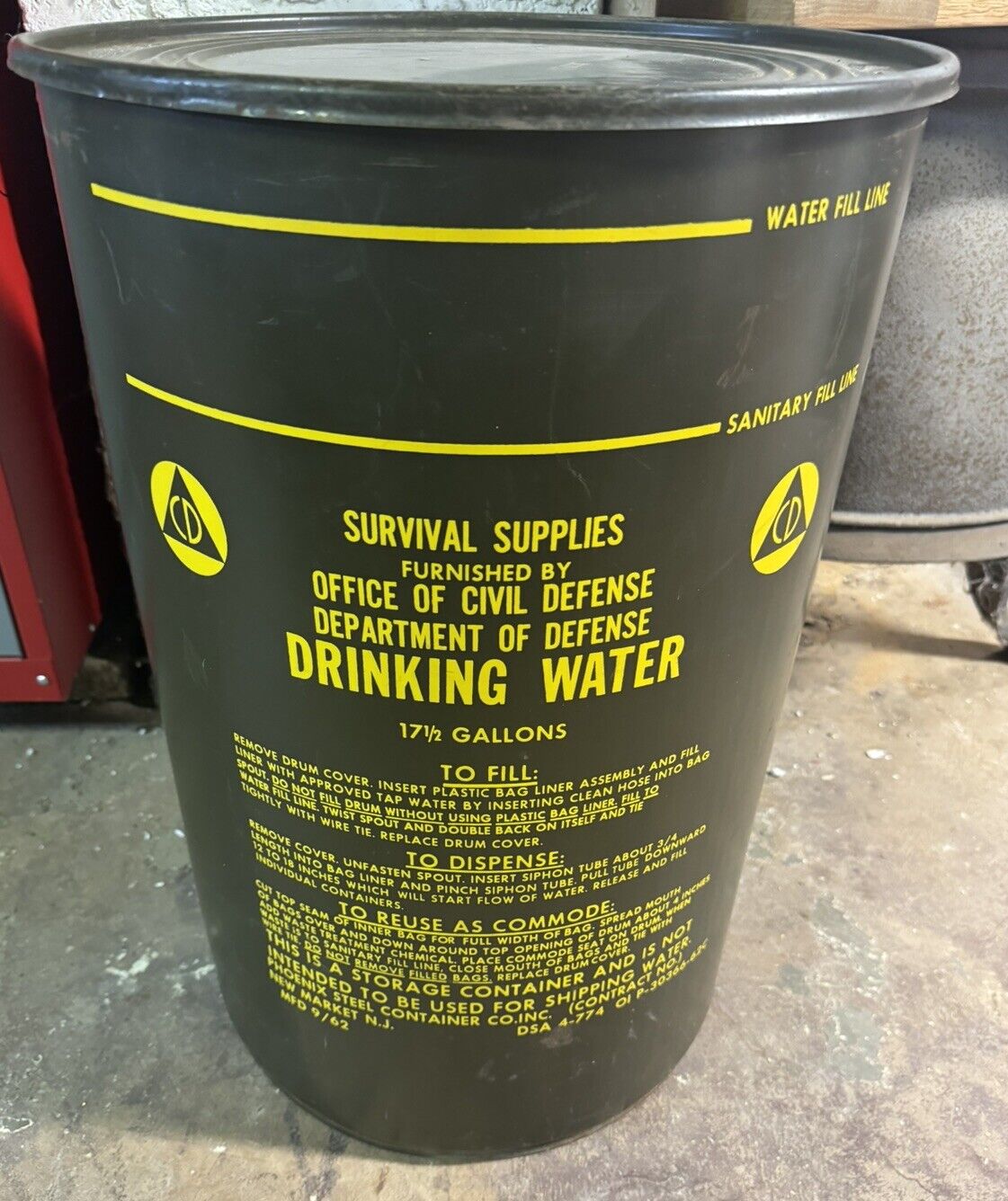 Department of Civil Defense Survival Drinking Water Drum 17.5 Gal FALLOUT STYLE