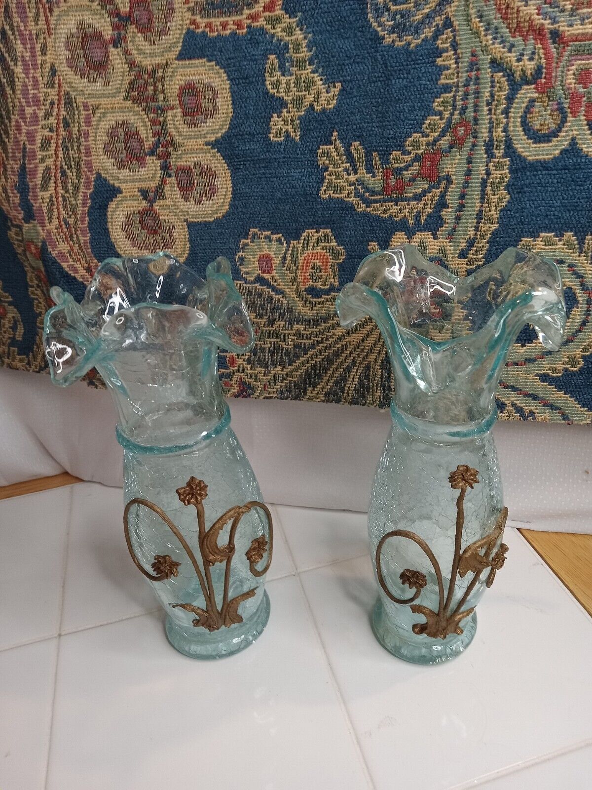 Pretty Pair Swung Vases 1950\'s Ormolu Art Thick CrackleGlass 9 Inch Aqua Green