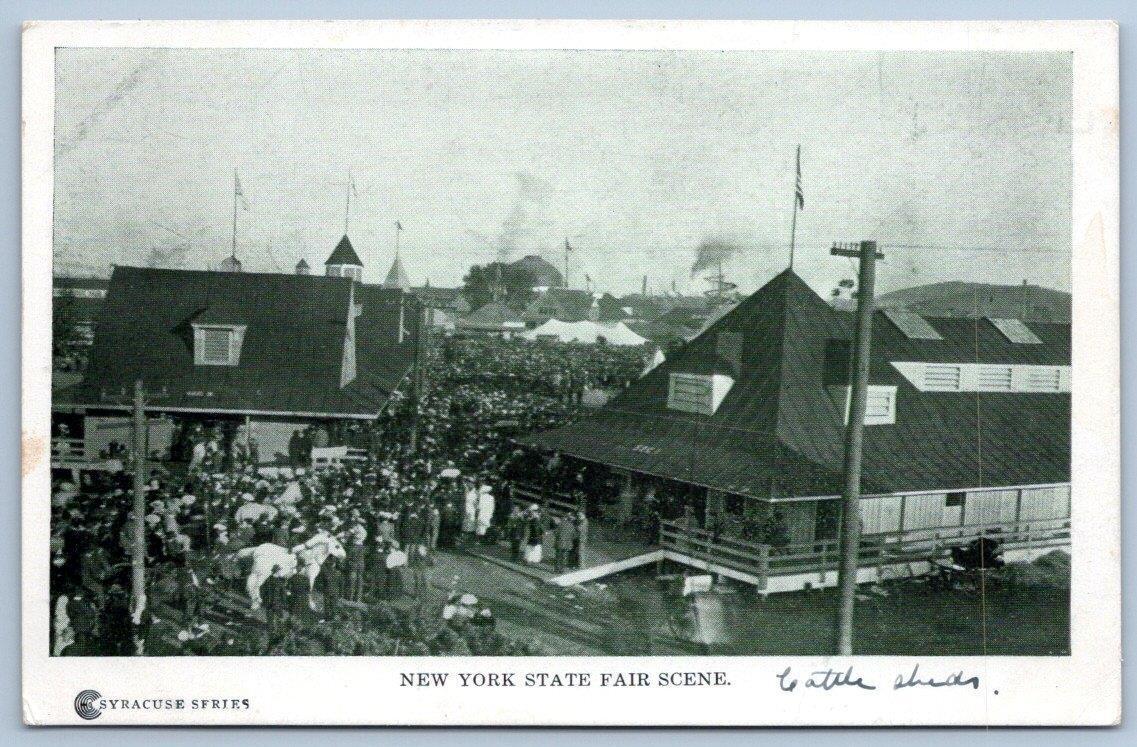 PRE 1907 NEW YORK STATE FAIR SCENE*CATTLE SHEDS*SYRACUSE SERIES*AMERICAN FLAG