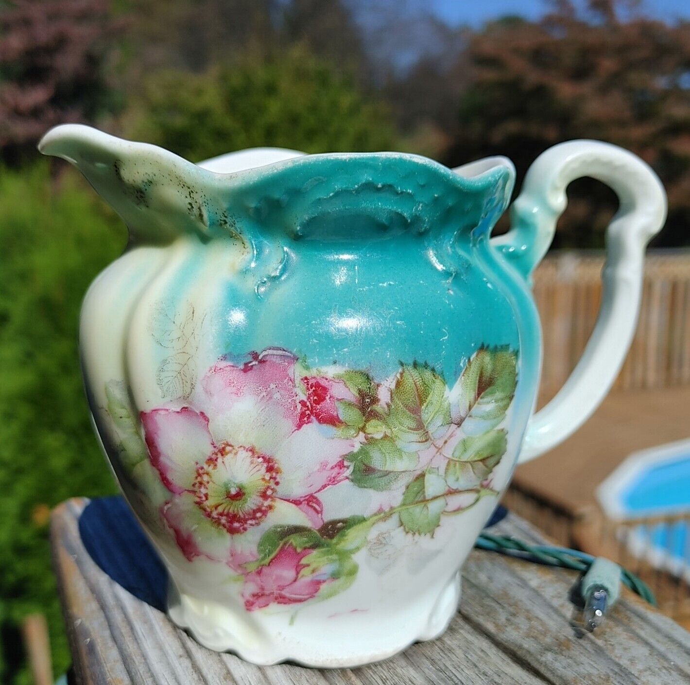 Antique Cream Pitcher, Hand Painted, Pink Roses & Teal, 4\