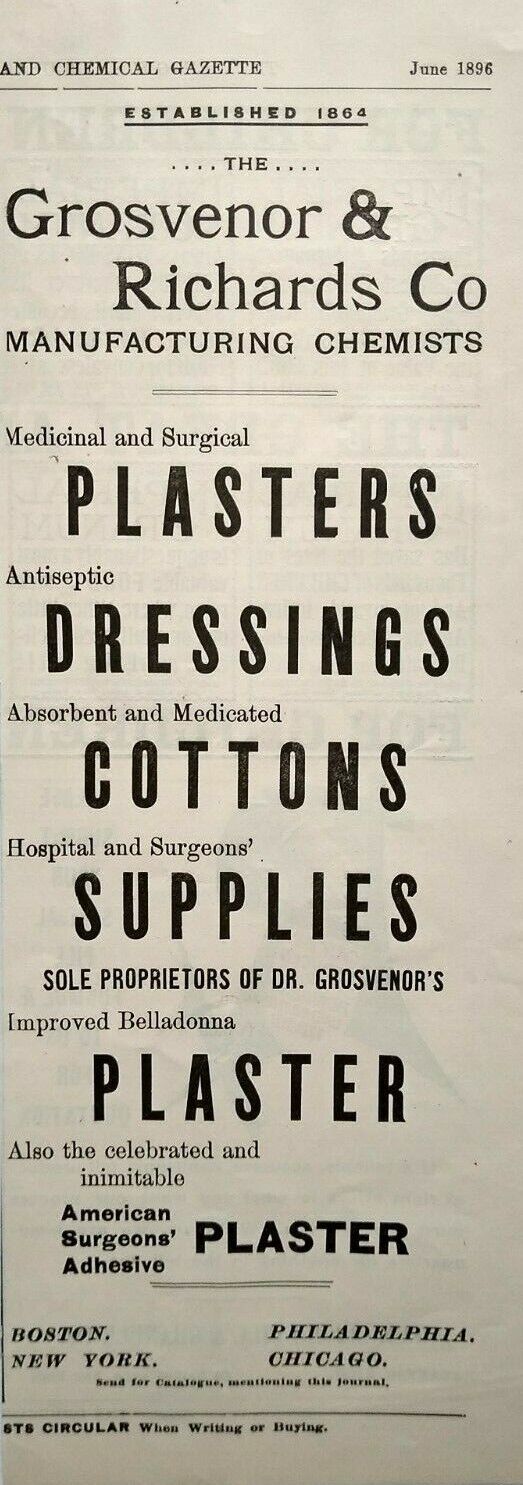 1896 Grosvenor & Richards Medical & Surgical Plasters Supplies Vintage Print Ad