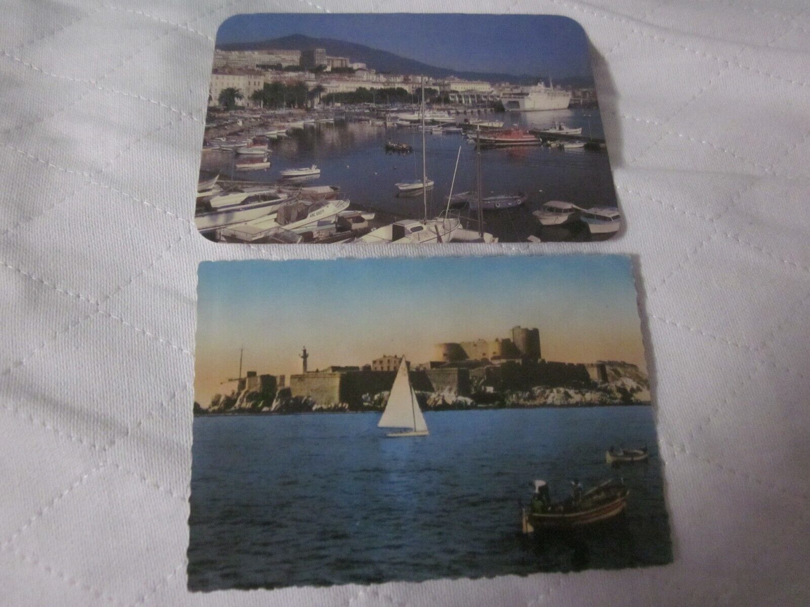 2 Postcards France Marseille sailboat on the water and Corsica panorama PC