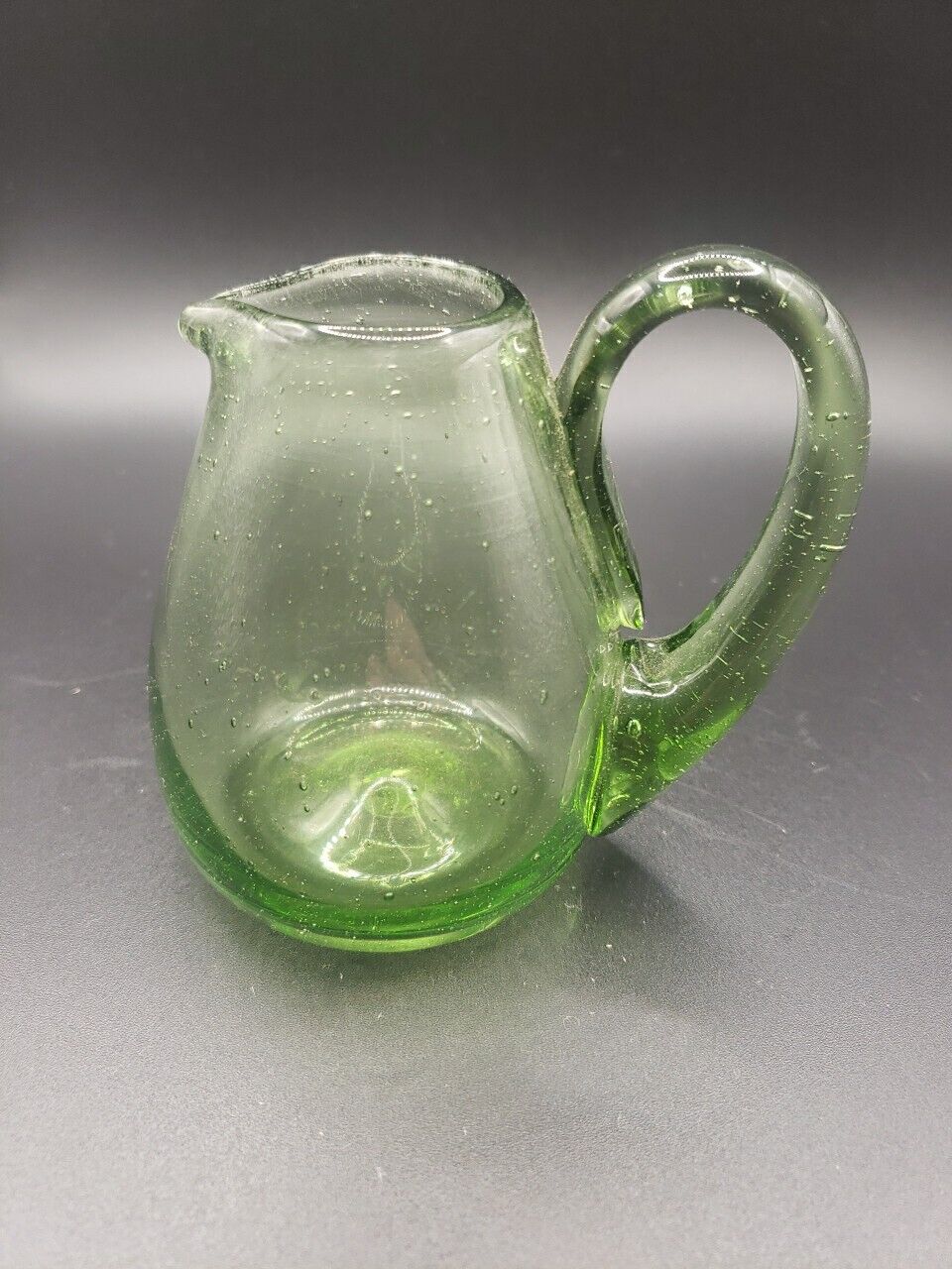 Miniature Glass Pitcher Jamestown Virginia Hand Blown Green Mini Bubbles