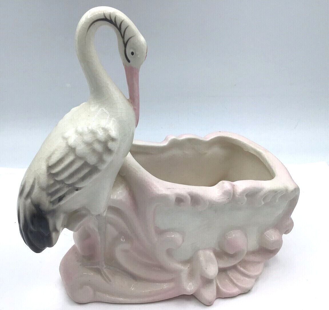 Vtg Nursery vase planter Stork with Pink Bassinet c1955 It\'s a Girl Shower gift