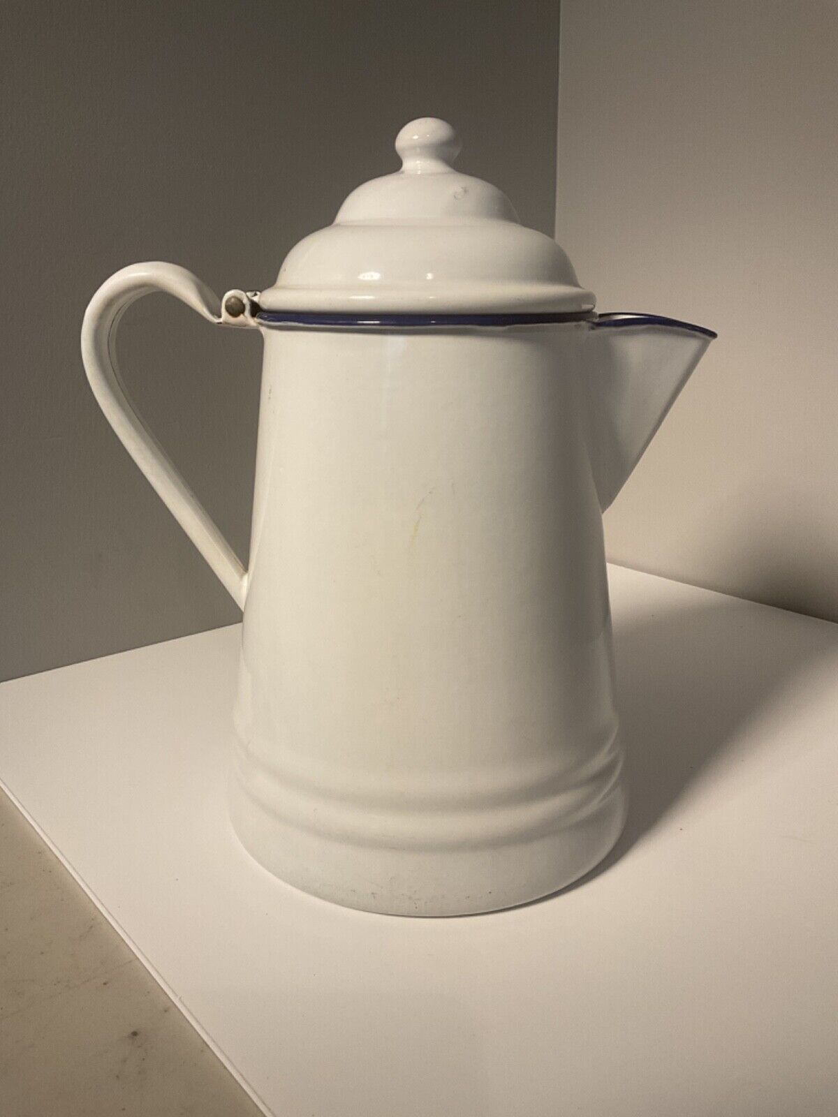 Vintage Metal 12” Enamel Cowboy Coffee Pot White Blue Trim