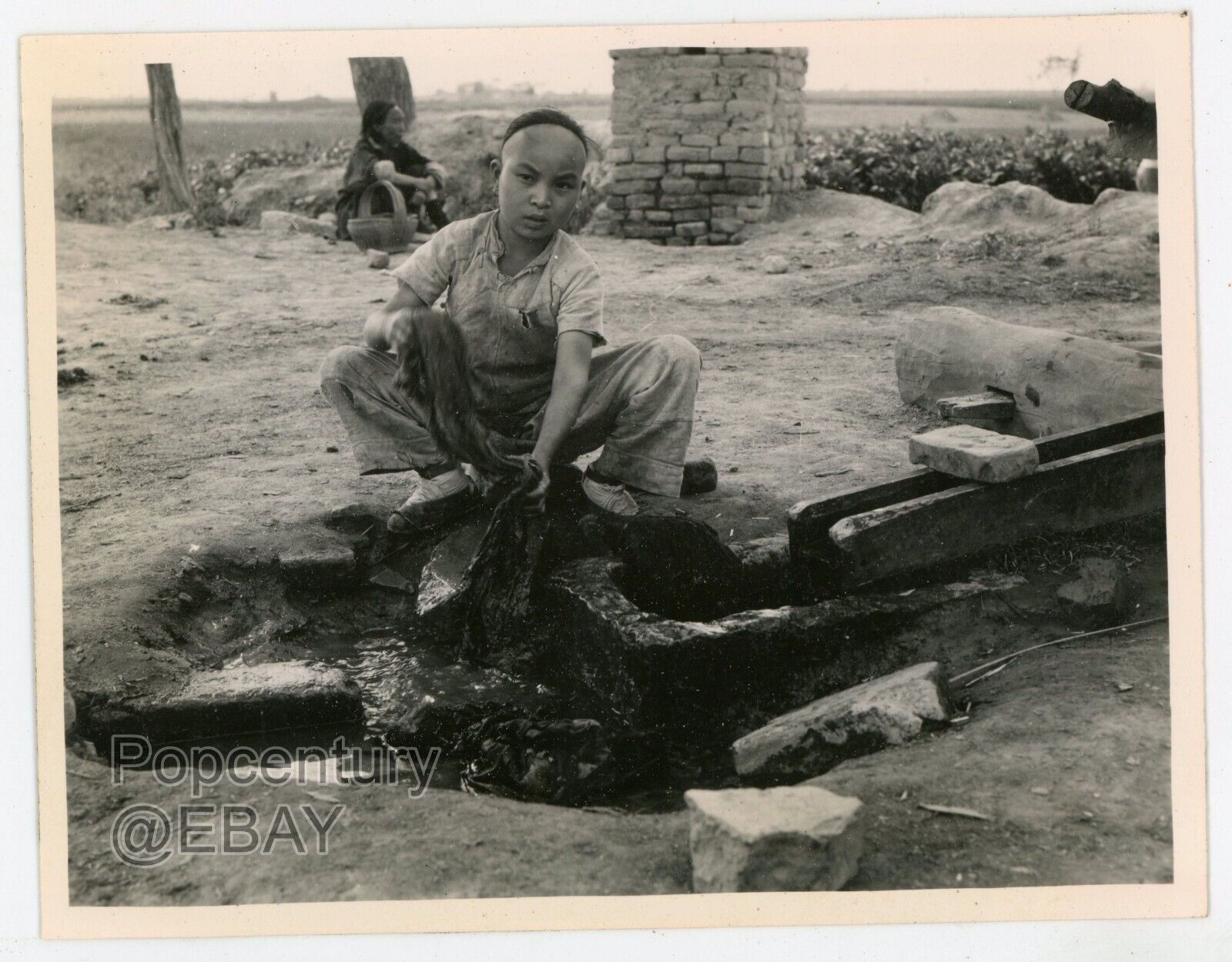 Vintage 1944 China Photograph Sian Clothes Washing Young Man Photo CBI Xi\'an