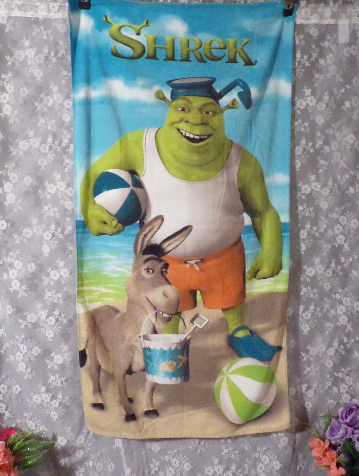 Shrek 2 Beach Towel Vintage 2004 Shrek & Donkey Swimming Summer Retro 28 x 53