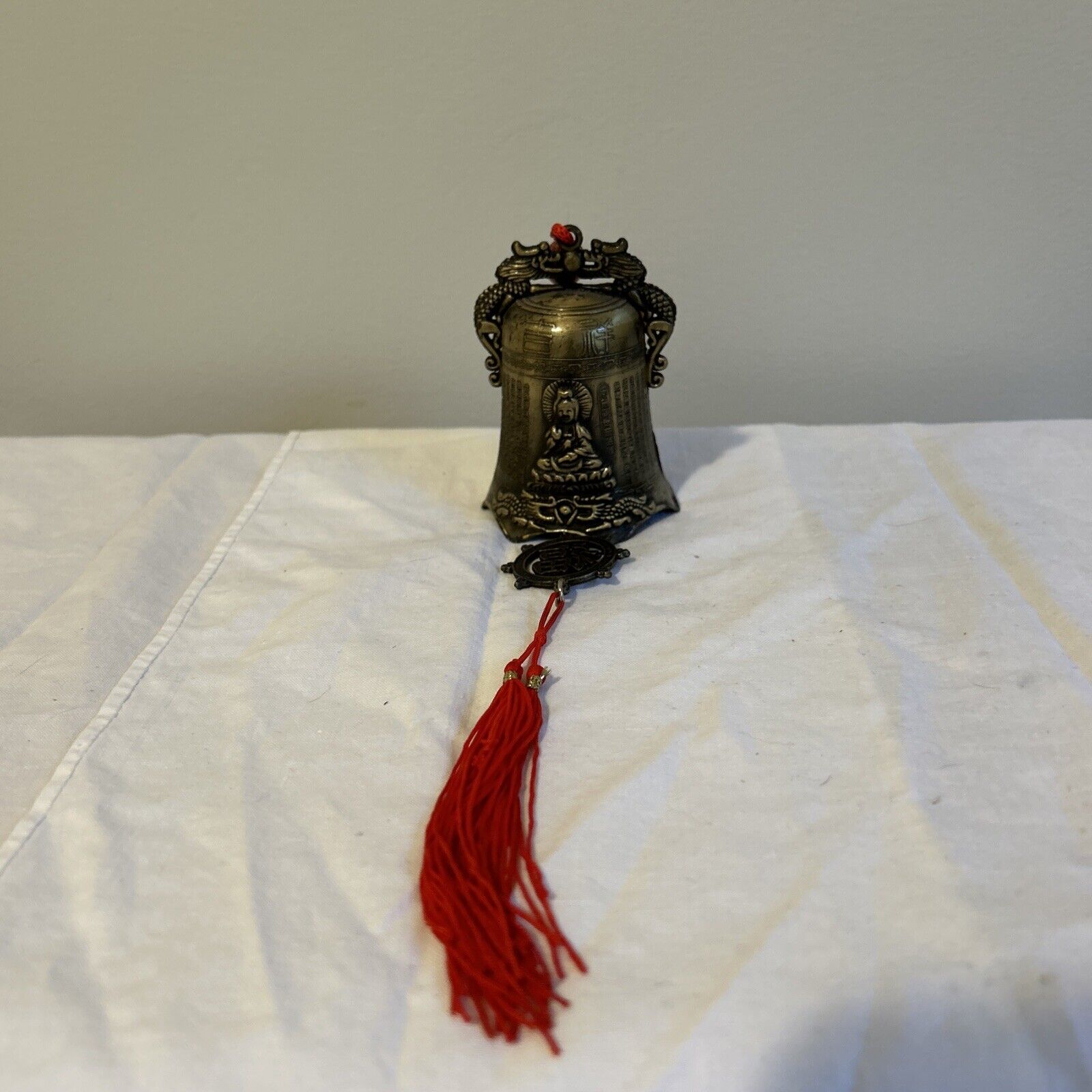 Vintage Buddhist Tibet Temple Brass-Bronze Dragon Bell With Red Tassels