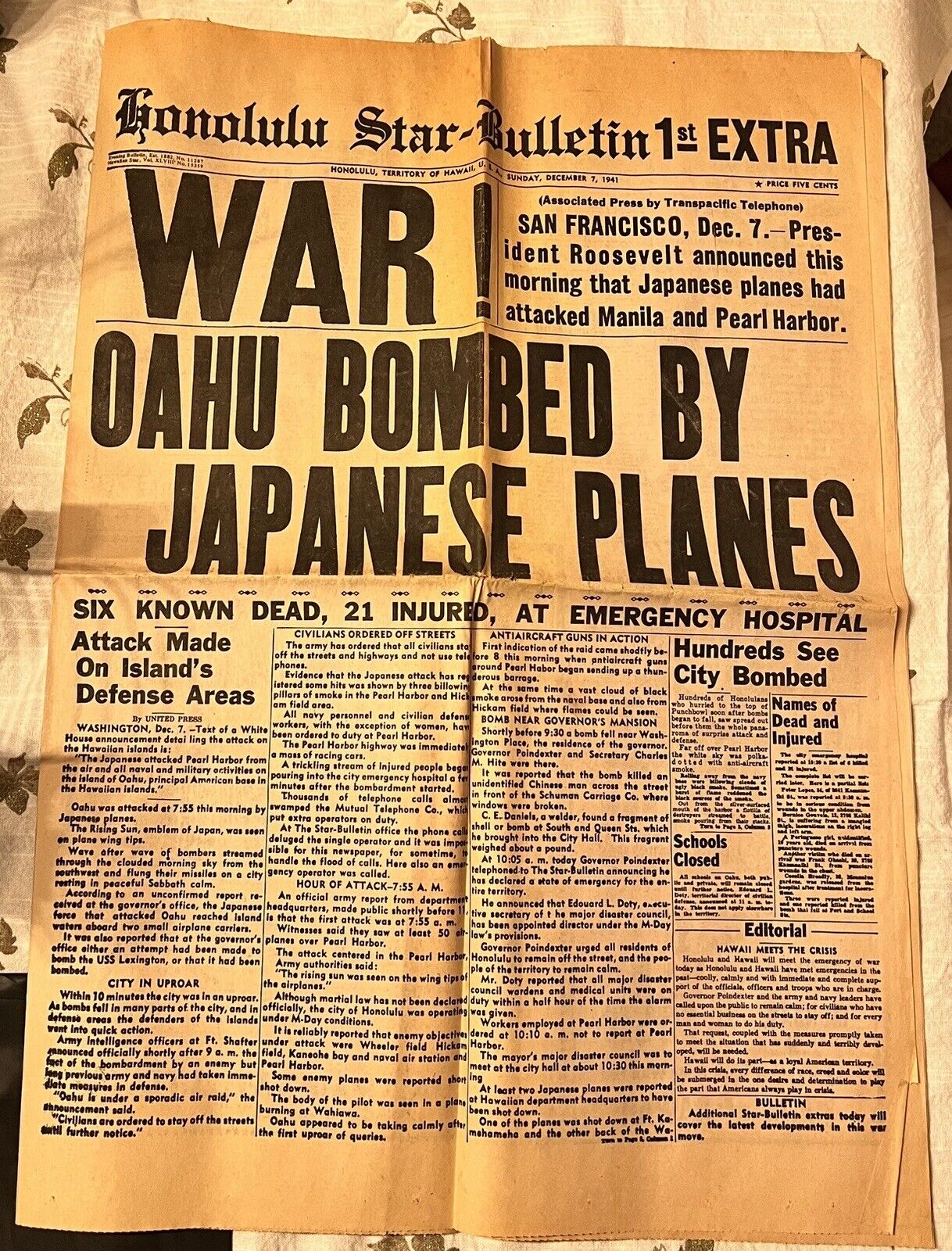 Honolulu Star-Bulletin Newspaper Attack on Pearl Harbor December 7, 1941 WWII