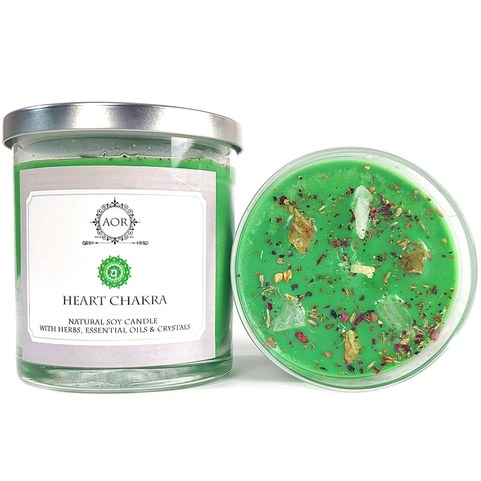 Heart Chakra Soy Candle w/ Crystals & Herbs Love Compassion Yoga Wiccan Pagan