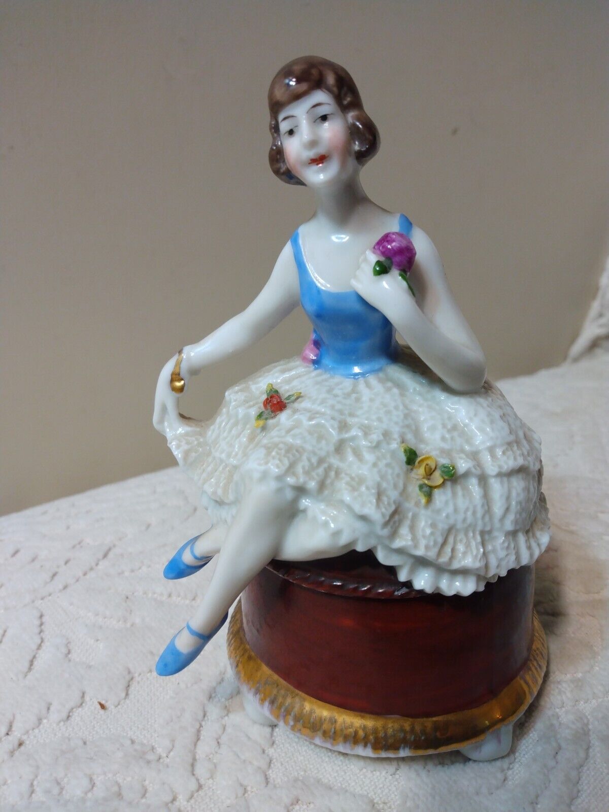 Art Deco Dresden Porcelain Ballerina Figurine Powder Box w Mld Lace Roses FINE