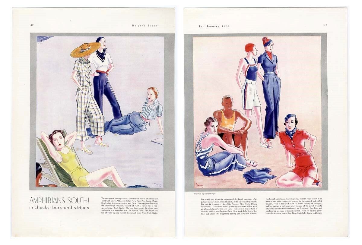 BEACH FASHIONS 1932 Two Color Pages by Joseph Bolgar SCHIAPARELLI Bonwit Teller