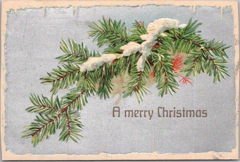 Vintage MERRY CHRISTMAS Embossed Postcard Pine Bow / Snow - 1908 Cancel