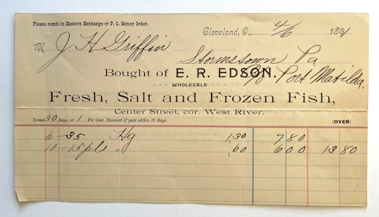 1891 E. R. Edson Fresh Salt Frozen Fish Cleveland Stormstown Port Matilda PA